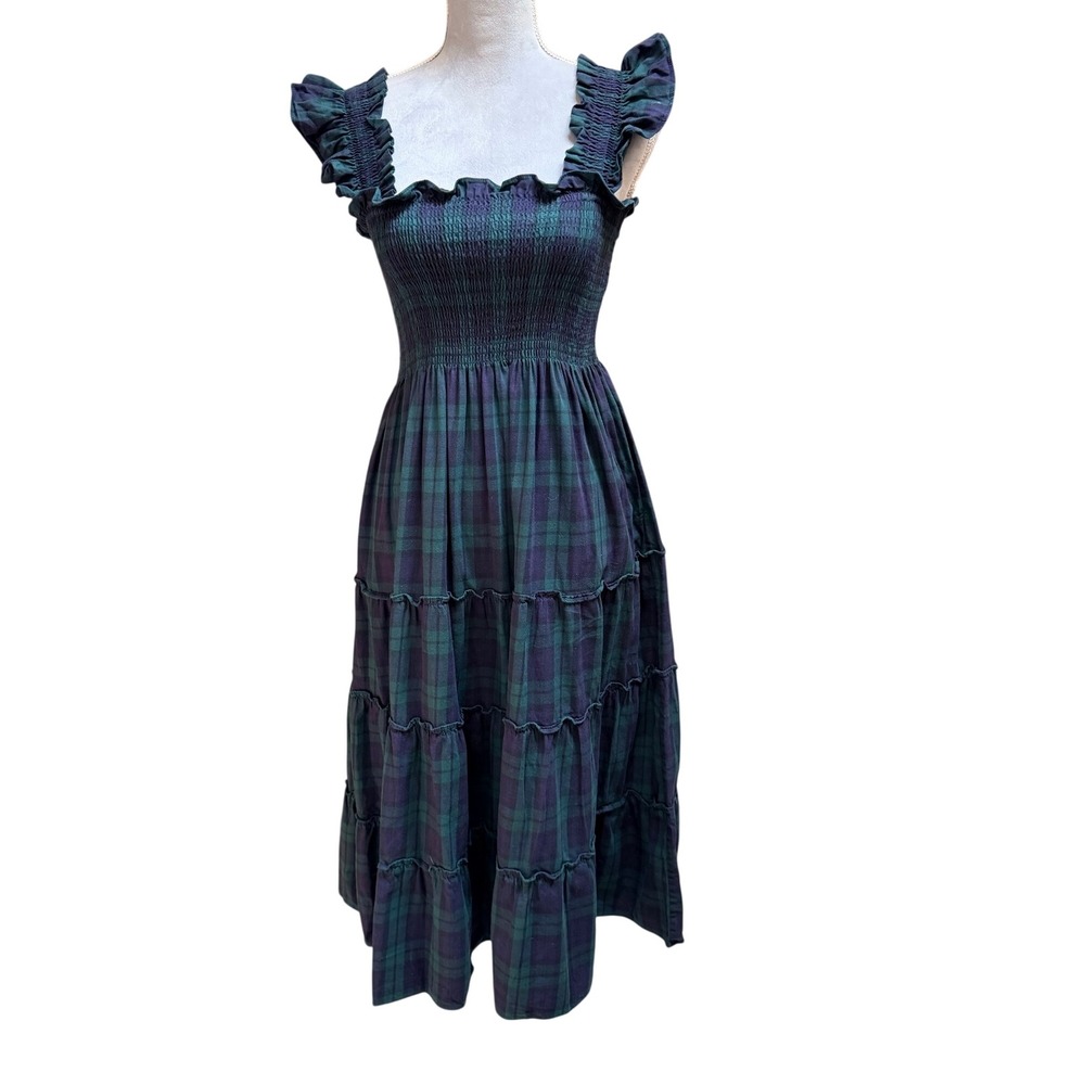 Hill House Home Ellie Nap Dress XS Black Watch Tartan Plaid Smocked Midi Ruffle